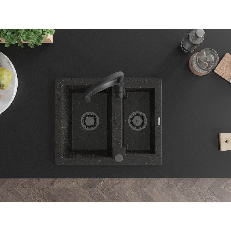 Mexen Carlos granito 1,5 dubenėlių plautuvė su virtuviniu maišytuvu Aster, juoda/aukso metalikas - 6518-75-73450-70-B
