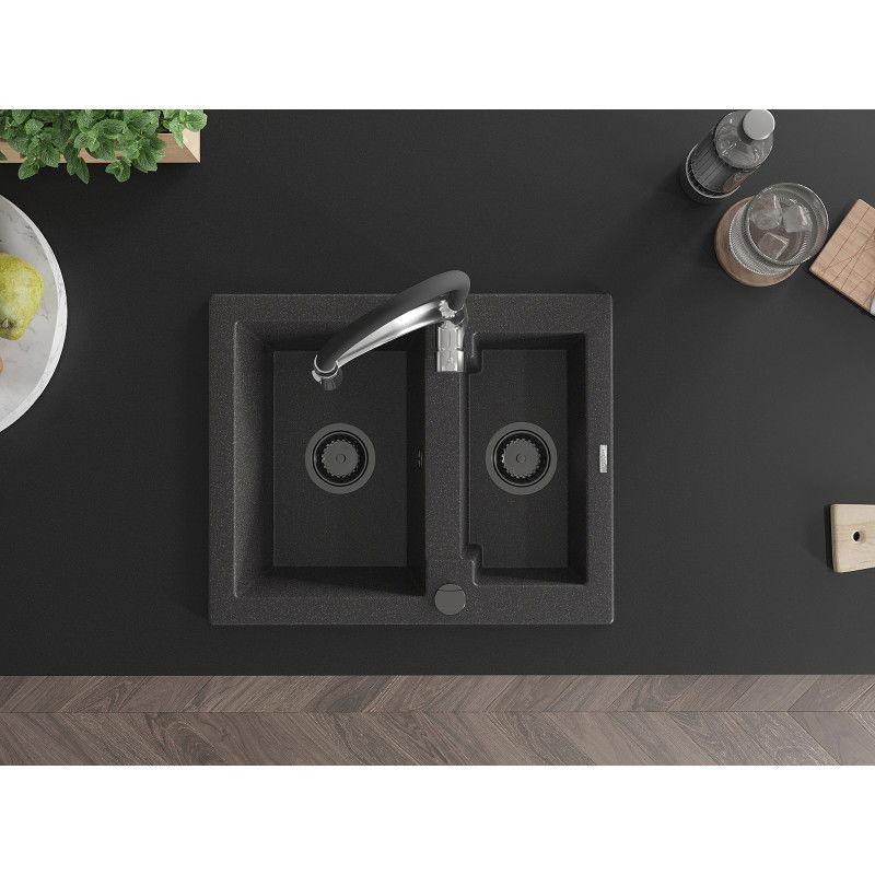 Mexen Carlos granitinė virtuvinė plautuvė 1,5 skyriaus su virtuviniu maišytuvu Aster, juoda marginta - 6518-76-73450-07-B