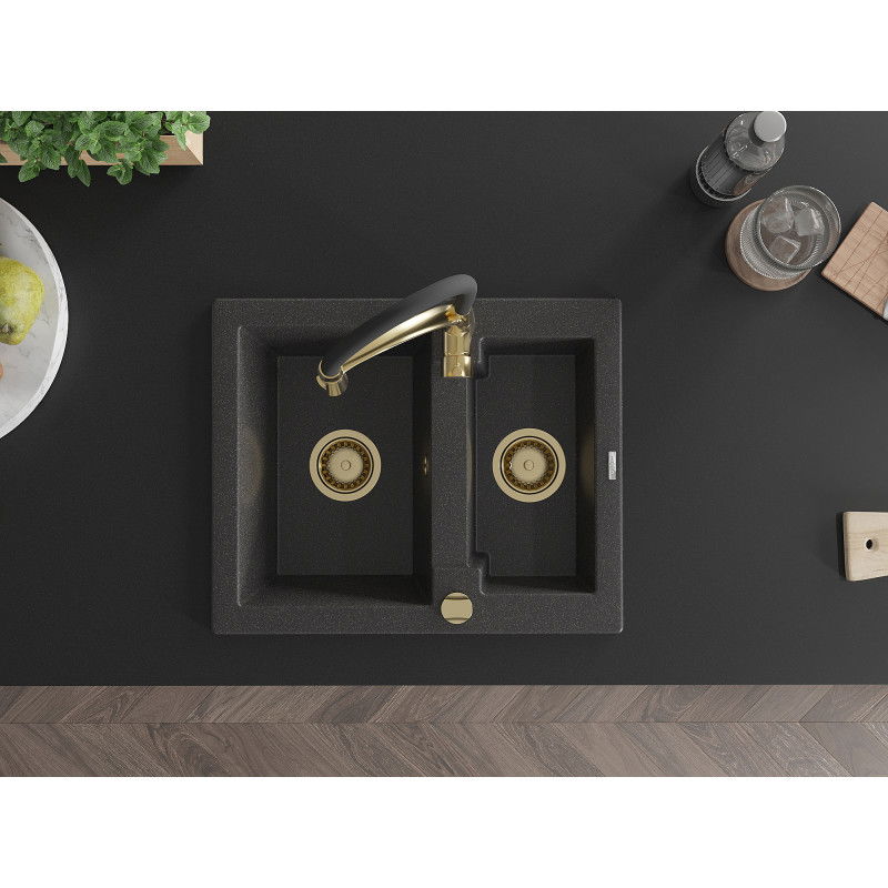 Mexen Carlos granito plautuvė 1,5 kameros su virtuviniu maišytuvu Aster, juoda su taškeliais - 6518-76-73450-57-G