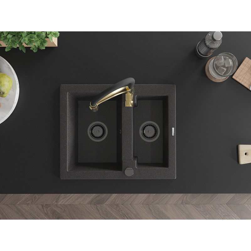 Mexen Carlos granitinis 1,5 skyrių plautuvės komplektas su Aster virtuvės maišytuvu, juodas taškuotas - 6518-76-73450-57-B