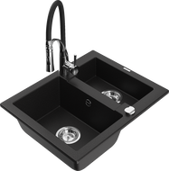 Mexen Carlos granitinė 1,5 kamerų plautuvė su virtuviniu maišytuvu Aster, juoda - 6518-77-73450-07