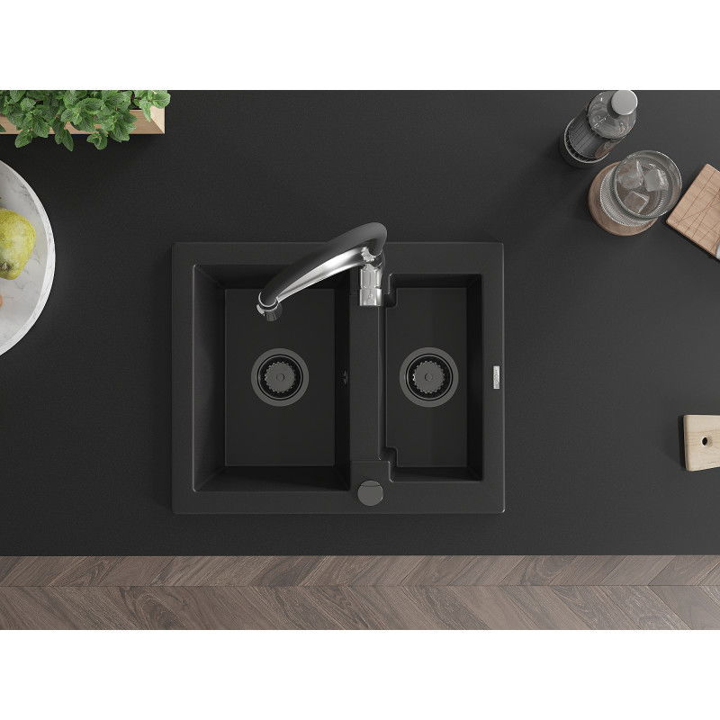 Mexen Carlos granitinė 1,5 kamerų kriauklė su virtuviniu maišytuvu Aster, juoda - 6518-77-73450-07-B