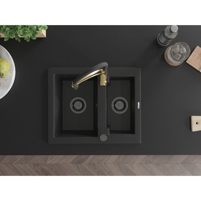 Mexen Carlos granitinis 1,5 skylių virtuvinis plautuvas su virtuviniu maišytuvu Aster, juodas - 6518-77-73450-57-B