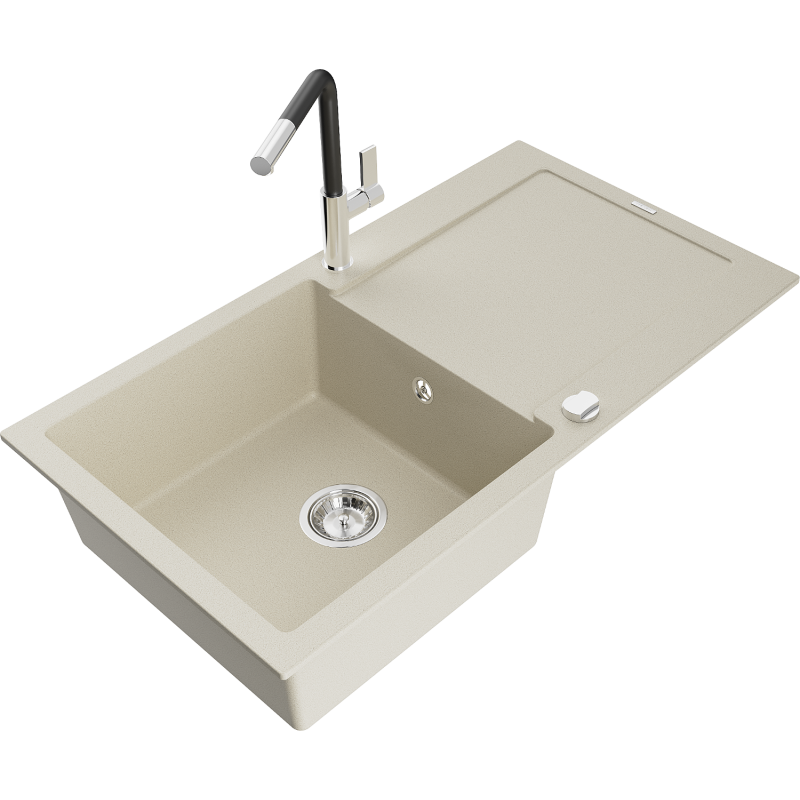 Mexen Leo granitinė vienos plautuvės kriauklė su nusausinimo vieta ir virtuviniu maišytuvu Flora, smėlio spalvos