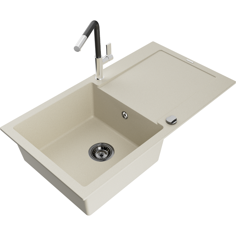 Mexen Leo granito plautuvė 1 skyriumi su nusausinamu paviršiumi ir Flora virtuviniu maišytuvu, smėlio spalvos