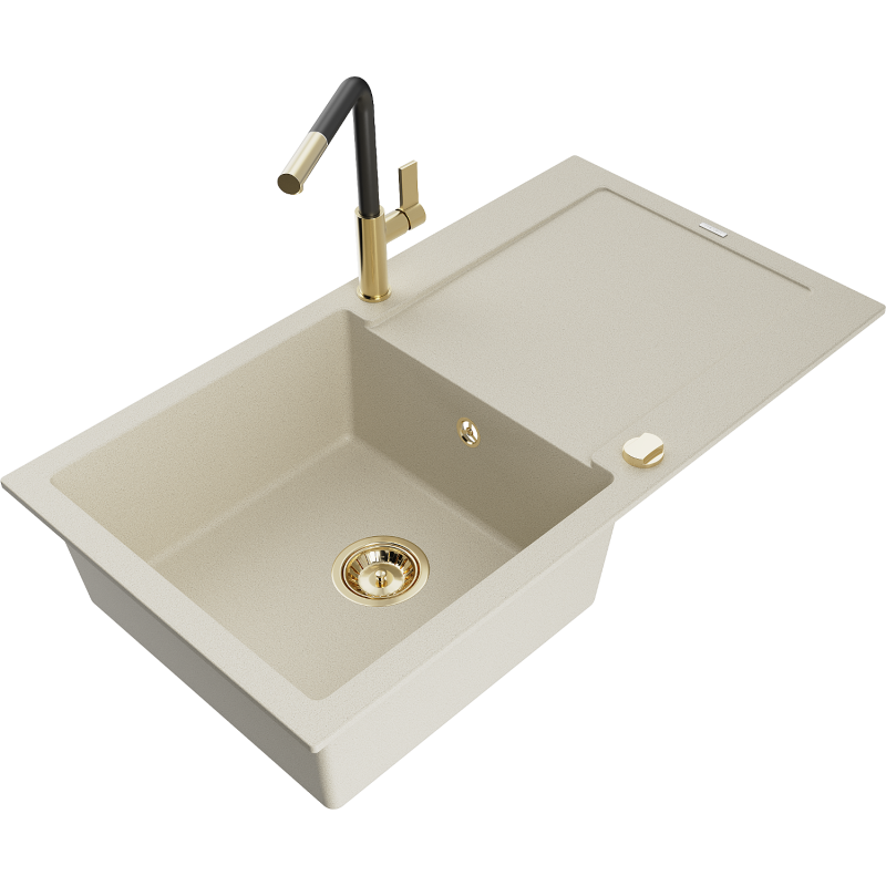 Mexen Leo granitinė vienos kameros plautuvė su drenažu ir virtuviniu maišytuvu Flora, smėlio spalvos - 6501-69-670401-57-G