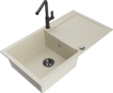 Mexen Leo 1 skyriumių granitinis plautuvas su nutekėjimu ir Flora virtuvės maišytuvu, smėlio spalvos - 6501-69-670401-70-B