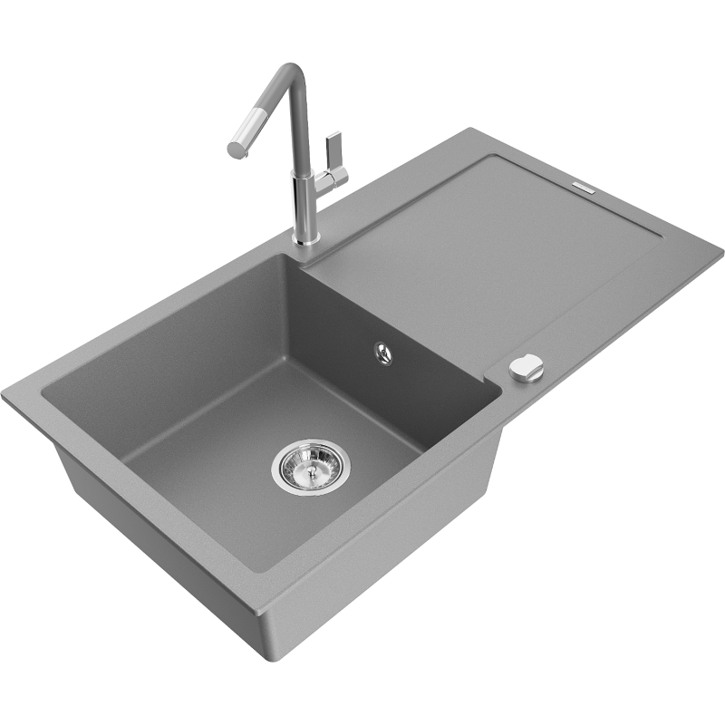 Mexen Leo granitinė kriauklė su vienu dubeniu, lašeliu ir Flora virtuviniu maišytuvu, pilka - 6501-71-670401-06
