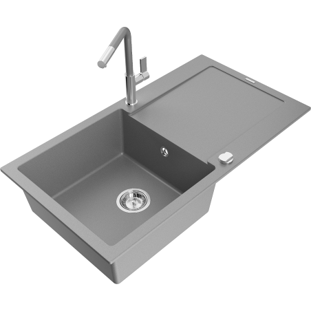 Mexen Leo granitinė kriauklė su vienu dubeniu, lašeliu ir Flora virtuviniu maišytuvu, pilka - 6501-71-670401-06