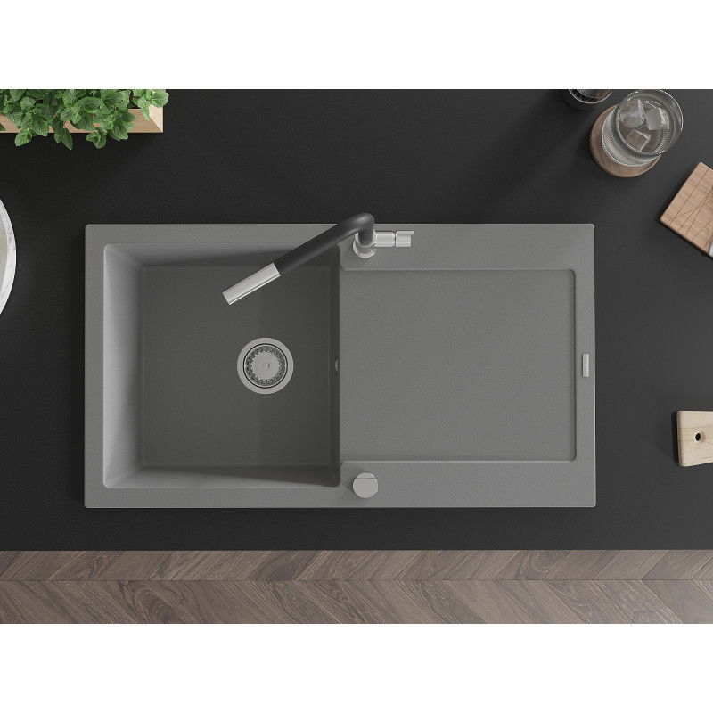 Mexen Leo 1 dubens granito plautuvė su nusausintuvu ir virtuviniu maišytuvu Flora, pilka - 6501-71-670401-07