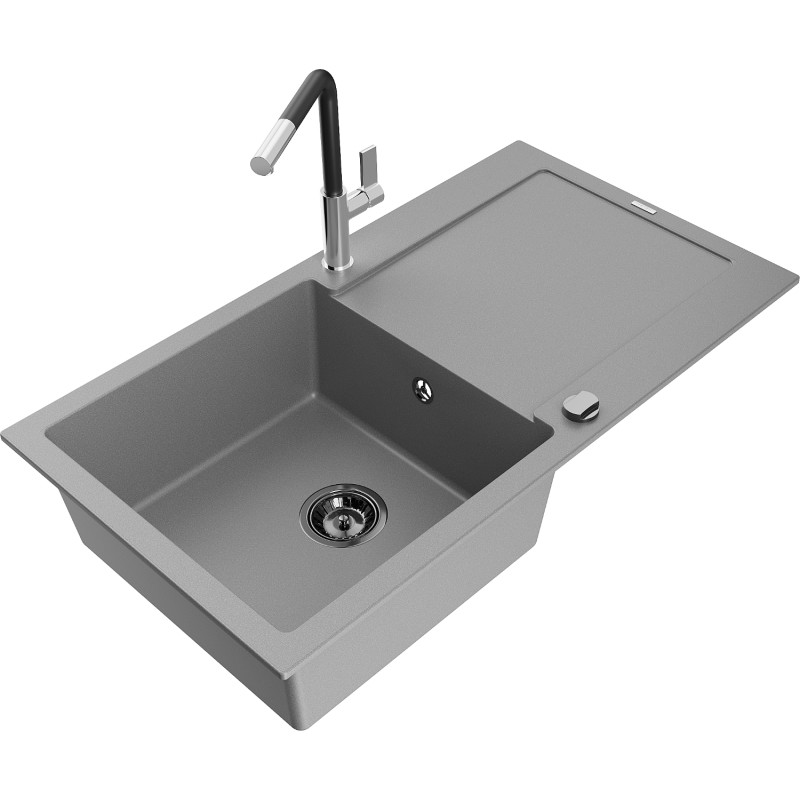 Mexen Leo 1-skyrius-granito-virtuvės-kriauklė-su-nutekėjimu-ir-Flora-maišytuvu, pilka - 6501-71-670401-07-B