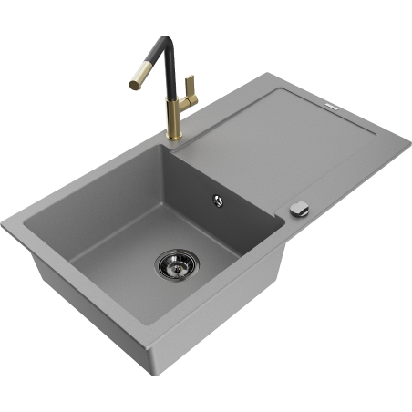 Mexen Leo granitinė vienos kamerų kriauklė su nuvarveju ir Flora virtuviniu maišytuvu, pilka - 6501-71-670401-57-B