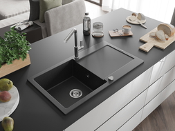 Mexen Leo granitinė vienos kameros kriauklė su nusausintuvu ir virtuviniu maišytuvu Flora, juodas/sidabrinis metalikas