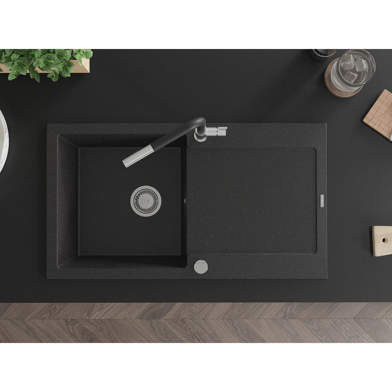 Mexen Leo 1 skyriumių granito plautuvė su nutekėjimo skyriumi ir virtuviniu maišytuvu Flora, juoda/sidabro metalo spalvos