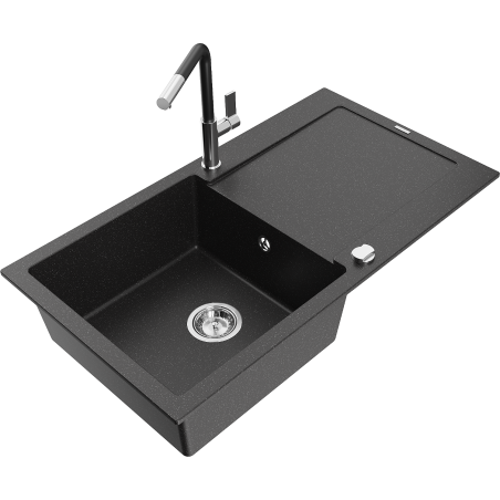 Mexen Leo 1 skyriumių granito plautuvė su nutekėjimo skyriumi ir virtuviniu maišytuvu Flora, juoda/sidabro metalo spalvos