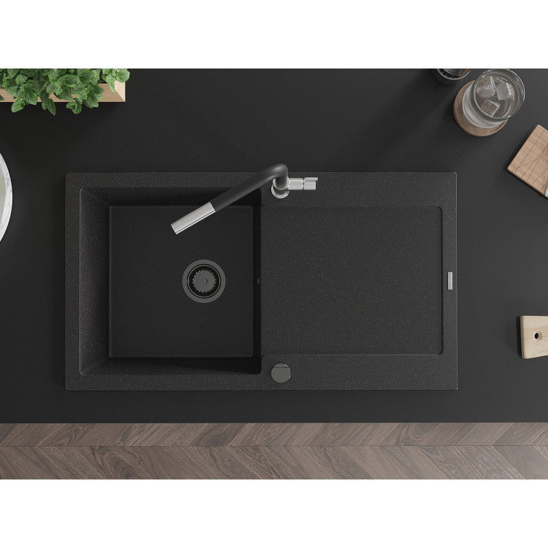 Mexen Leo granitinė vienos plautuvės kriauklė su nutekamu ir Flora virtuviniu maišytuvu, juoda/sidabrinis metalikas