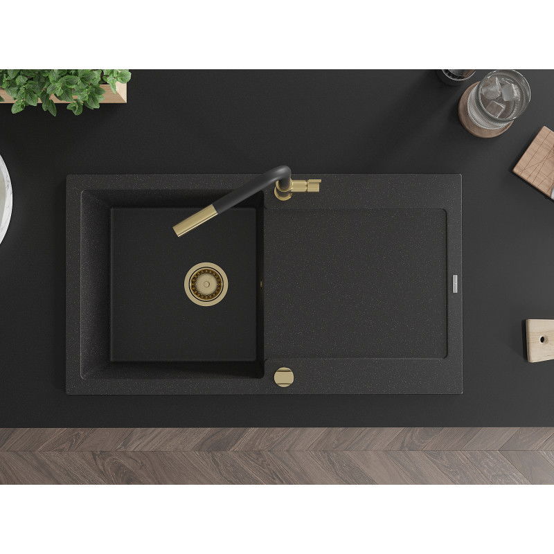 Mexen Leo 1-skylės granitinė plautuvė su nutekamu ir Flora virtuviniu maišytuvu, juoda/sidabrinė metalik