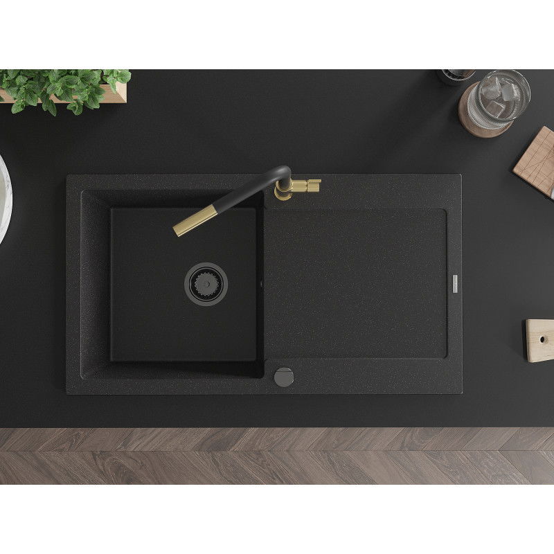 Mexen Leo granitinė vienos kameros kriauklė su nusausintuvu ir virtuvės maišytuvu Flora, juoda/sidabrinis metalikas