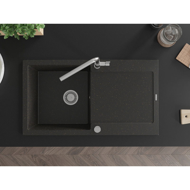 Mexen Leo vienos plautuvės granito kriauklė su nutekamuoju paviršiumi ir Flora virtuviniu maišytuvu, juoda/auksinis