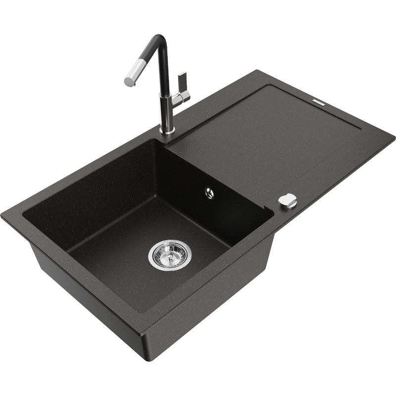 Mexen Leo granitinė vieno dubenio plautuvė su nusausikliu ir virtuviniu maišytuvu Flora, juoda/auksinis metalikas