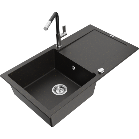 Mexen Leo granitinė vieno dubenio plautuvė su nusausikliu ir virtuviniu maišytuvu Flora, juoda/auksinis metalikas