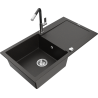 Mexen Leo granitinė vieno dubenio plautuvė su nusausikliu ir virtuviniu maišytuvu Flora, juoda/auksinis metalikas