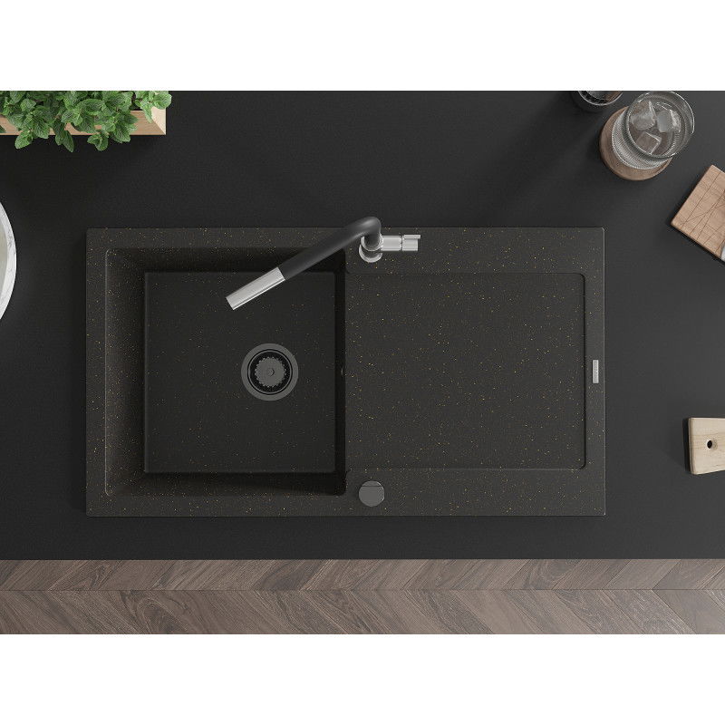 Mexen Leo granitinė vieno dubens kriauklė su nubėgimo vieta ir Flora virtuviniu maišytuvu, juoda/auksinis metalikas