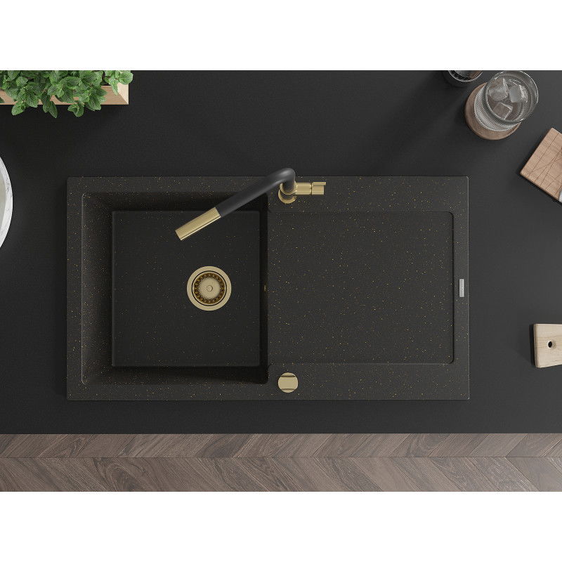 Mexen Leo granitinė vienos kameros kriauklė su nusausintuvu ir virtuviniu čiaupu Flora, juoda/auksinė metalika