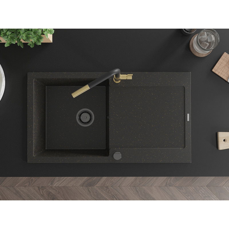 Mexen Leo granitinė vienašlovė virtuvinė kriauklė su drenažu ir Flora virtuviniu maišytuvu, juoda/auksinė metalik