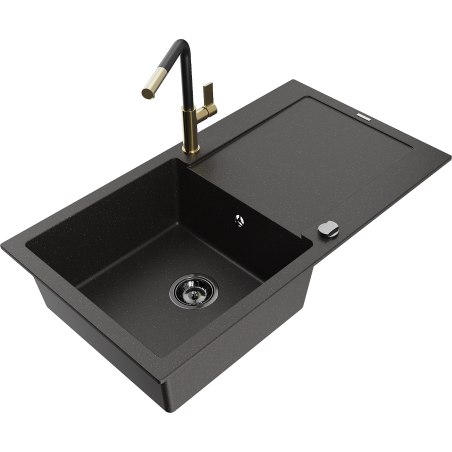 Mexen Leo granitinė vienašlovė virtuvinė kriauklė su drenažu ir Flora virtuviniu maišytuvu, juoda/auksinė metalik