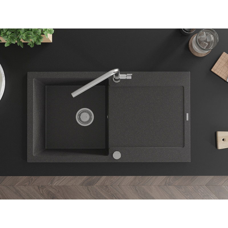 Mexen Leo granitinė vienos kameros kriauklė su nutekėjimu ir virtuviniu maišytuvu Flora, juoda su dėmėmis