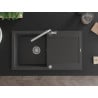 Mexen Leo granitinė vienos kameros kriauklė su nutekėjimu ir virtuviniu maišytuvu Flora, juoda su dėmėmis