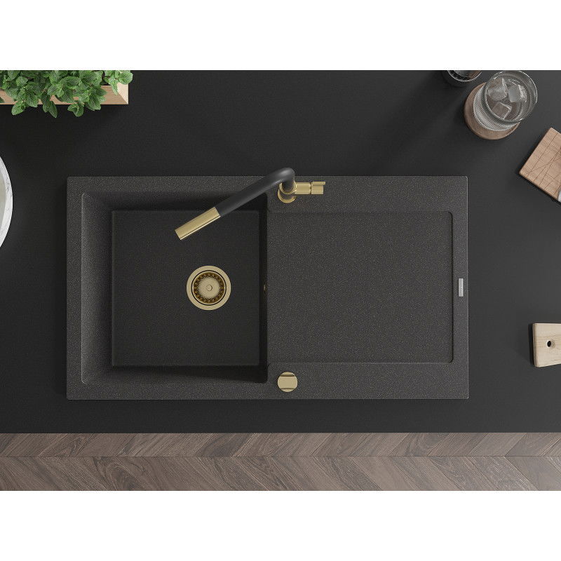 Mexen Leo granitinė vienos kameros kriauklė su drenažu ir virtuvės maišytuvu Flora, juoda taškuota - 6501-76-670401-57-G