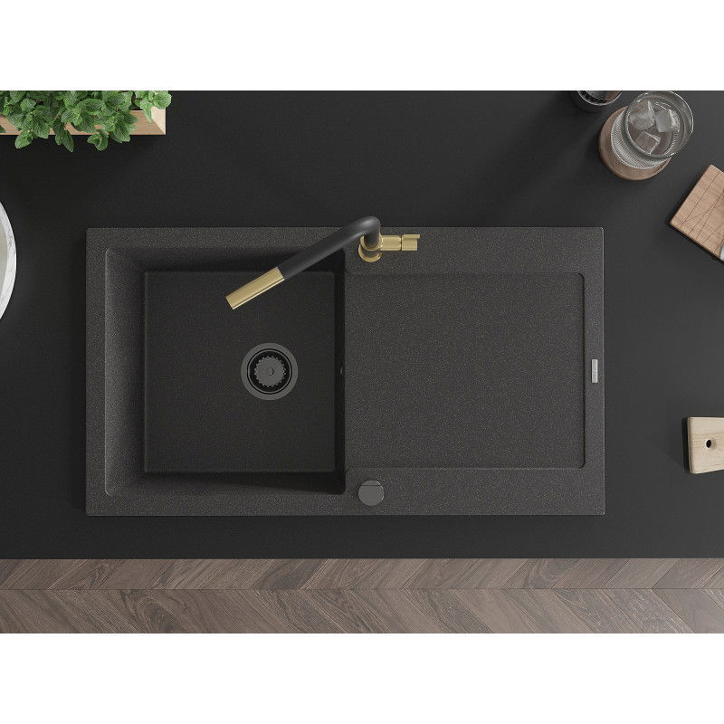 Mexen Leo granitinė vienos kameros plautuvė su nusausintuvu ir virtuviniu maišytuvu Flora, juodos spalvos su taškeliais