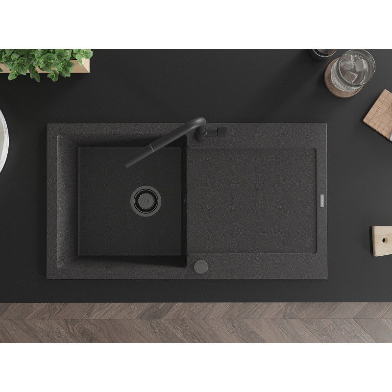 Mexen Leo granito plautuvė su viena kamera, nusausinimo vieta ir Flora virtuvės maišytuvu, juoda marginta - 6501-76-670401-70-B