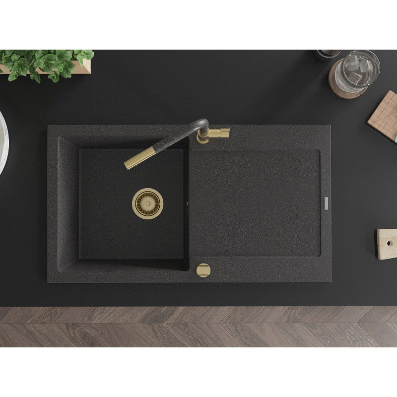 Mexen Leo vienos dalies granito plautuvė su nusausintuvu ir Flora virtuviniu maišytuvu, juodas taškuotas - 6501-76-670401-75-G