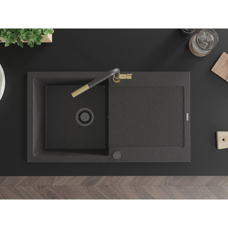 Mexen Leo vienos plautuvės granito kriauklė su nusausinimo vieta ir virtuviniu maišytuvu Flora, juoda su dėmelėmis