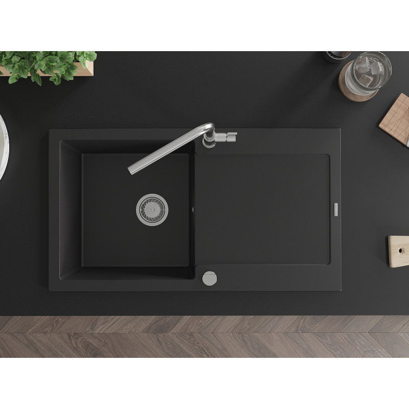Mexen Leo granitinis vienos kameros plautuvė su nutekėjimo plokšte ir virtuviniu maišytuvu Flora, juoda - 6501-77-670401-00