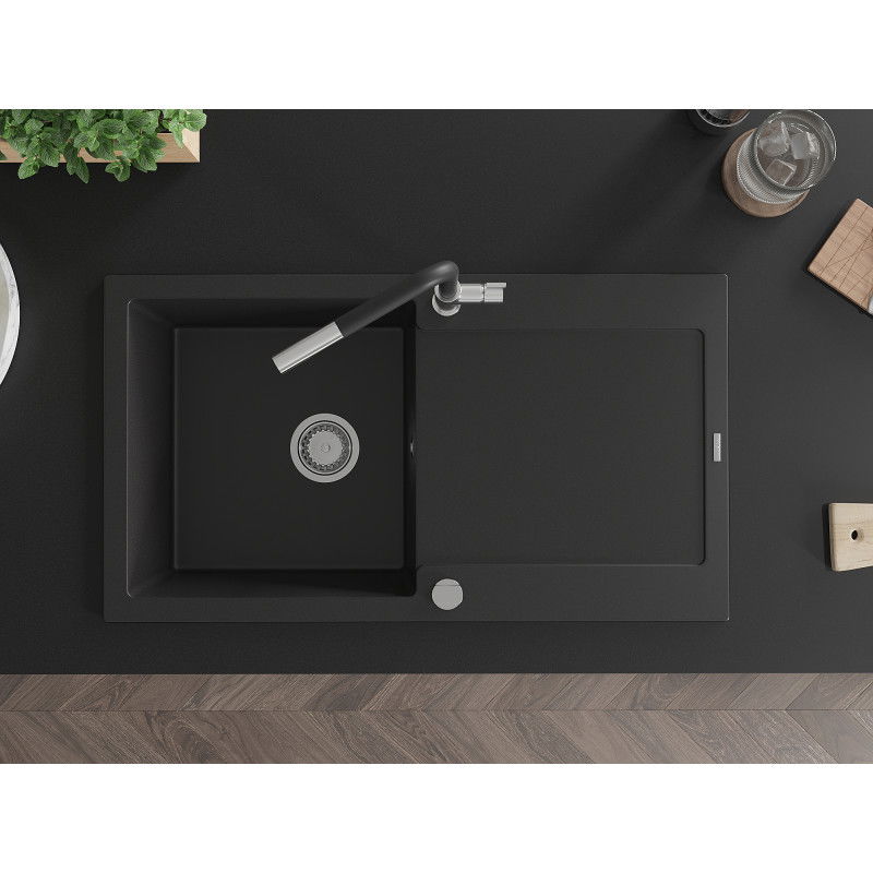 Mexen Leo granito plautuvė su 1 skyriumi ir nutekamąja anga bei Flora virtuviniu maišytuvu, juoda - 6501-77-670401-07