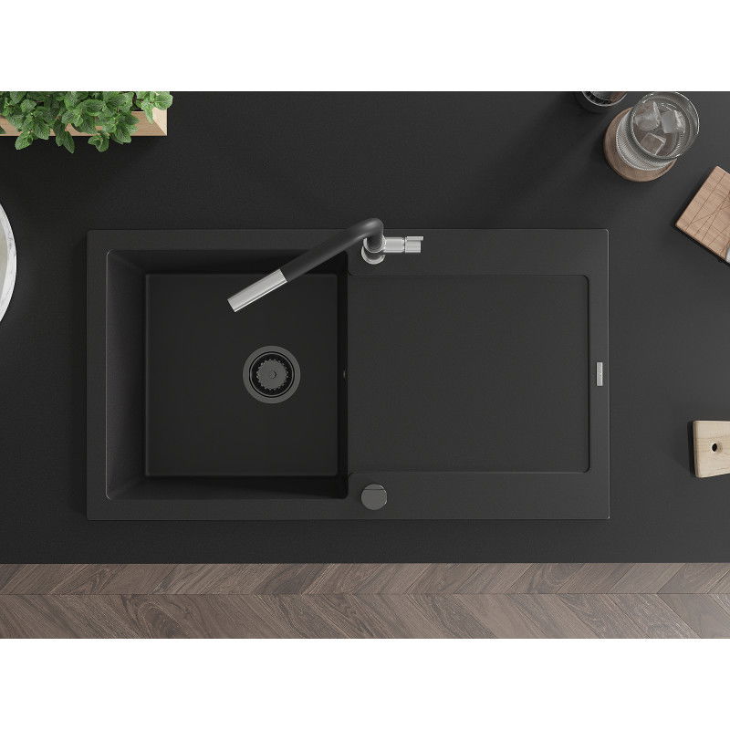 Mexen Leo granitinė plautuvė, 1 skyrius su lašintuvu ir virtuviniu maišytuvu Flora, juoda - 6501-77-670401-07-B