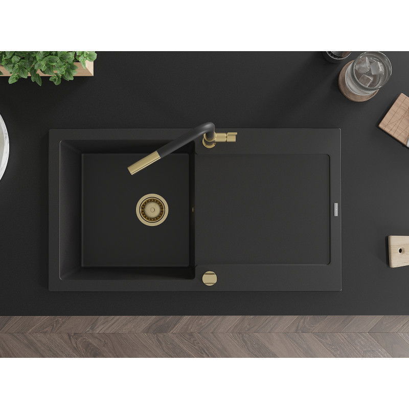 Mexen Leo vienos plautuvės granitinė kriauklė su nuvarvėjimo zona ir Flora virtuvės maišytuvu, juoda - 6501-77-670401-57-G