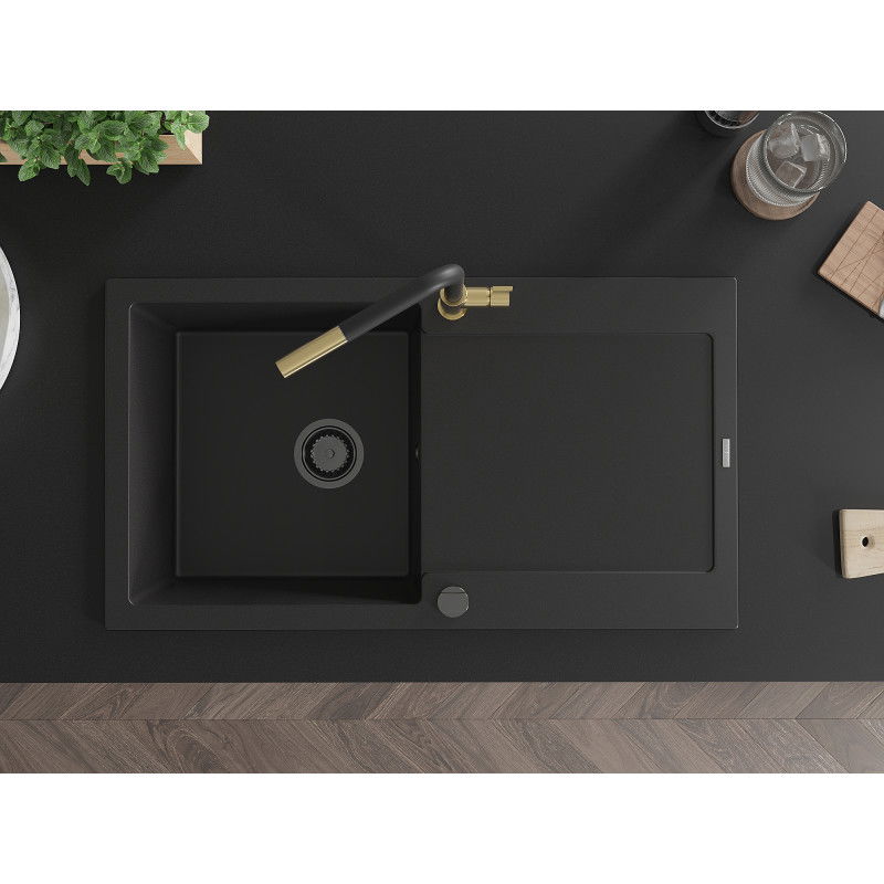 Mexen Leo granitinis vienos plautuvės kriauklė su nusausinimu ir virtuviniu maišytuvu Flora, juodas - 6501-77-670401-57-B