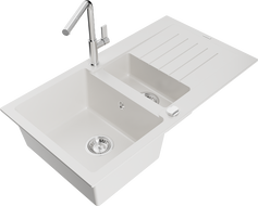 Mexen Matias 1,5 skyrių granitinė kriauklė su nusausintuvu ir Flora virtuviniu maišytuvu, balta - 6502-20-670401-00