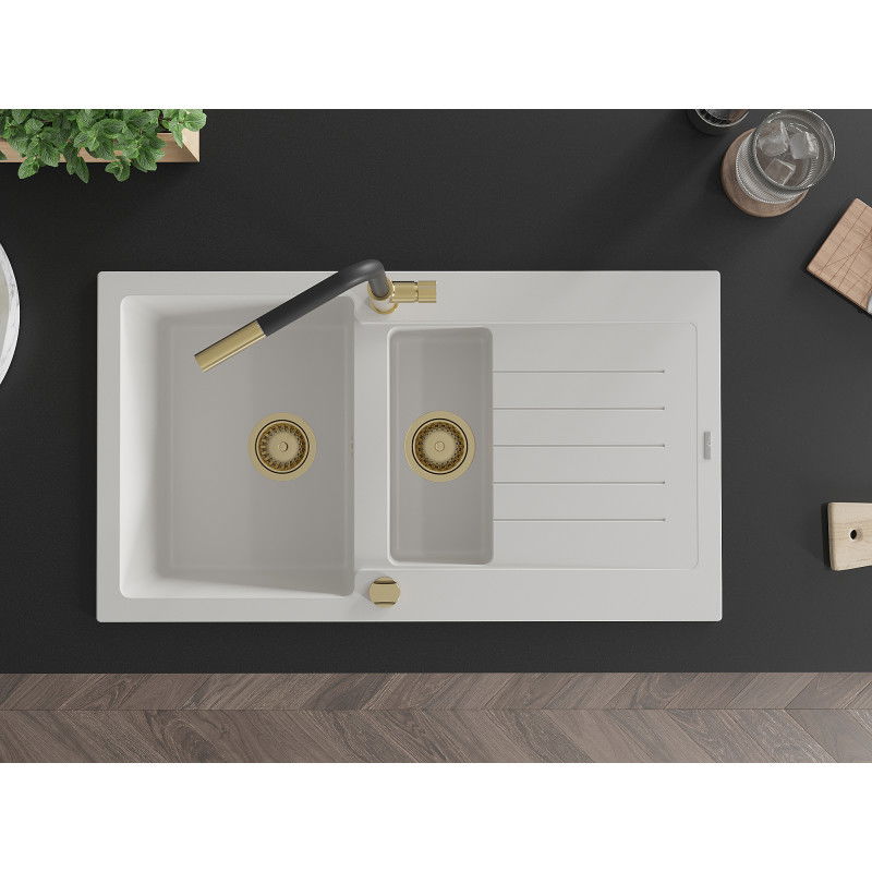 Mexen Matias granitinė 1,5 skyrių kriauklė su nutekėjimu ir Flora virtuvės maišytuvu, balta - 6502-20-670401-57-G