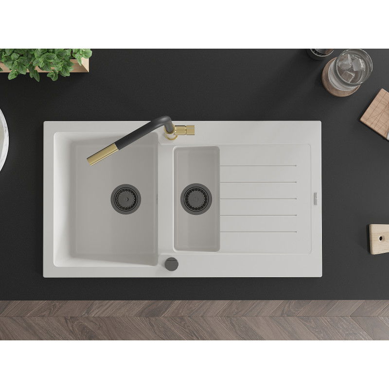 Mexen Matias granito plautuvė 1,5 kamerų su nutekėjimu ir virtuvės čiaupu Flora, balta - 6502-20-670401-57-B