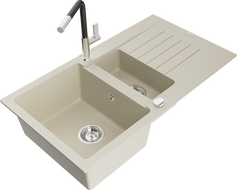 Mexen Matias granitinė 1,5 kamerų kriauklė su drenažo lenta ir Flora virtuviniu maišytuvu, smėlio spalvos