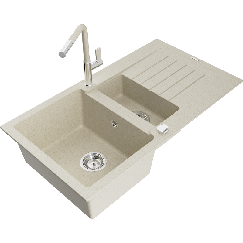 Mexen Matias granitinė 1,5 skylių plautuvė su lašintuvu ir virtuviniu maišytuvu Flora, smėlio spalvos - 6502-69-670401-09