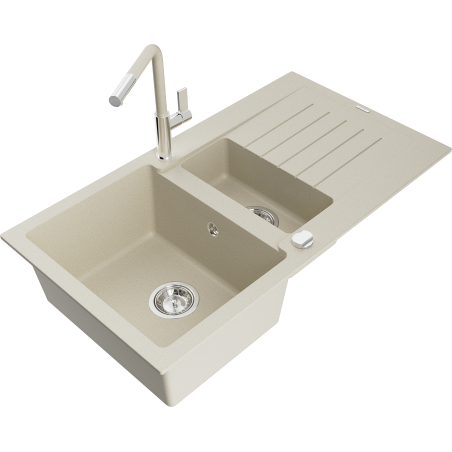 Mexen Matias granitinė 1,5 skylių plautuvė su lašintuvu ir virtuviniu maišytuvu Flora, smėlio spalvos - 6502-69-670401-09