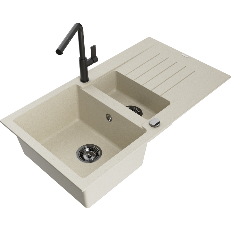 Mexen Matias granitinė 1,5 kamerų kriauklė su nutekėjimu ir Flora virtuviniu maišytuvu, smėlio spalvos