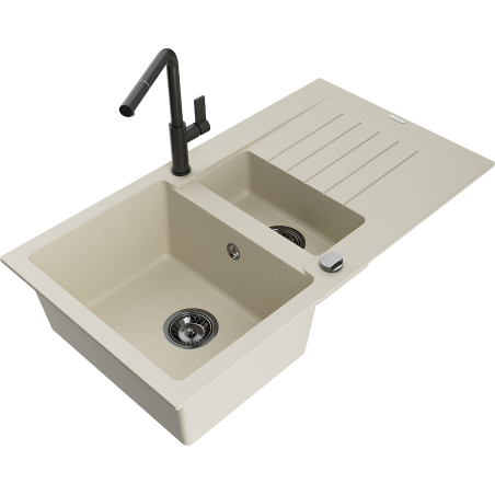 Mexen Matias granitinė 1,5 kamerų kriauklė su nutekėjimu ir Flora virtuviniu maišytuvu, smėlio spalvos